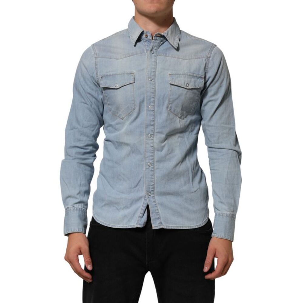Maison Clochard Blue Denim Collared Long Sleeve Men Men's Shirt